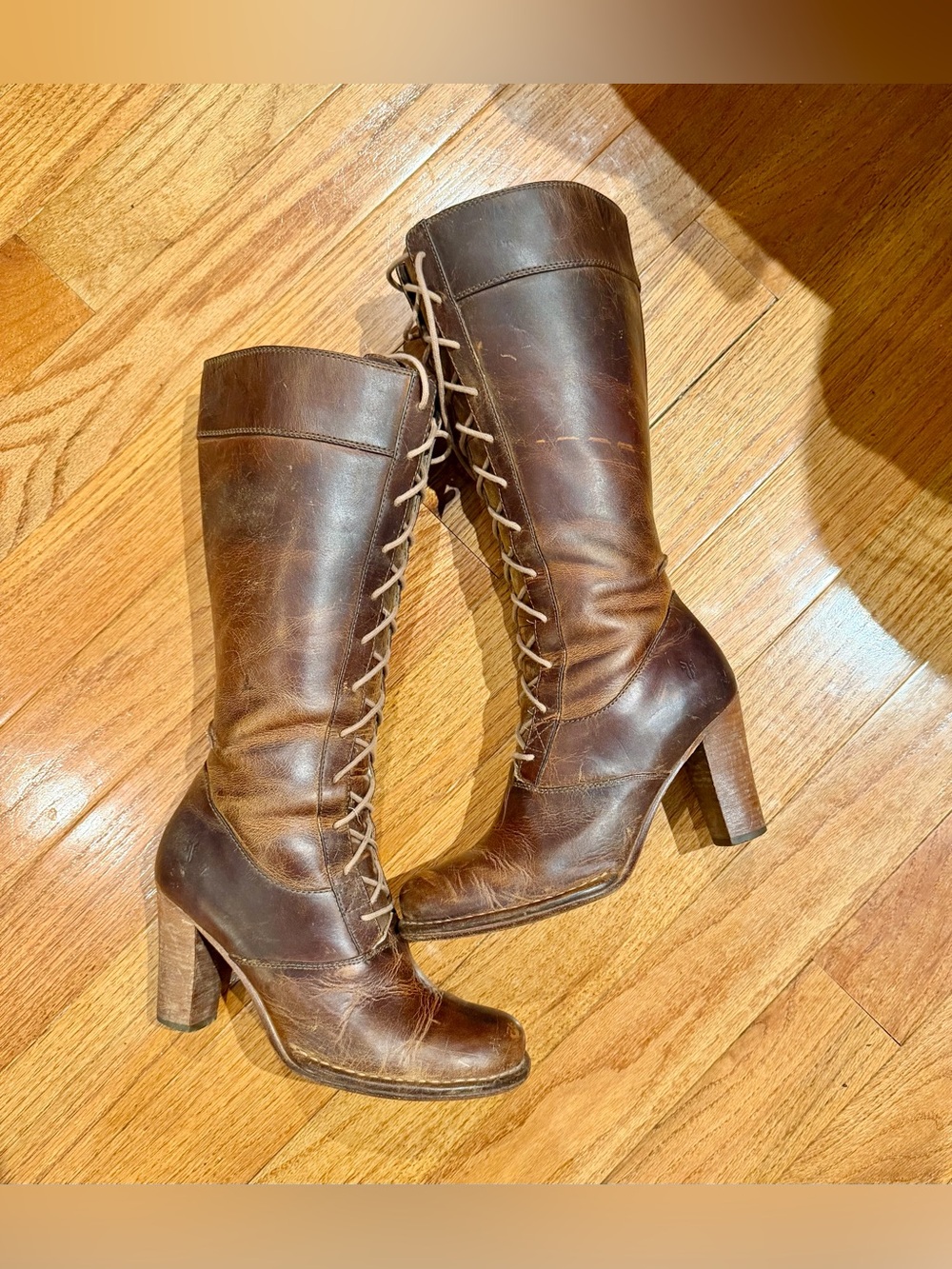 Vintage FRYE Villager Lace Tall Boots Brown Leather 8.5 M